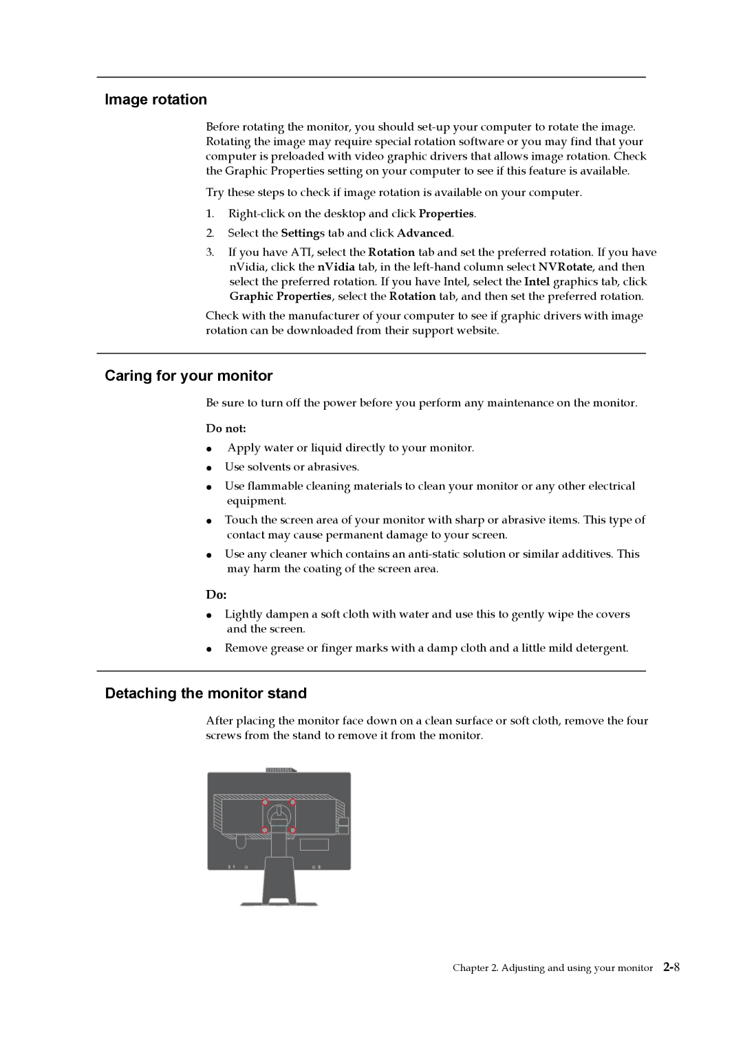 Lenovo 2578HB6 manual Image rotation, Caring for your monitor, Detaching the monitor stand 