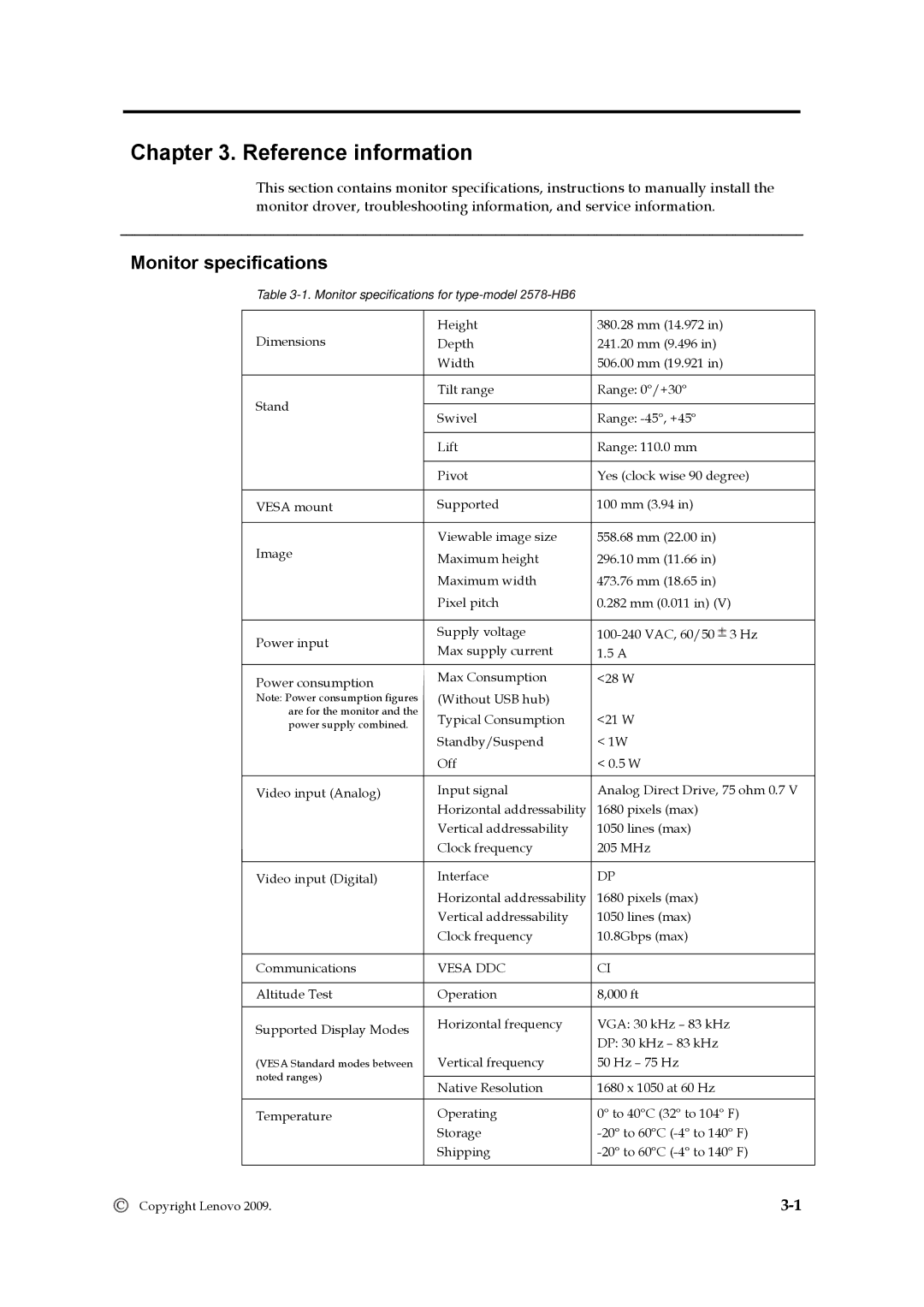 Lenovo 2578HB6 manual Reference information, Monitor specifications 