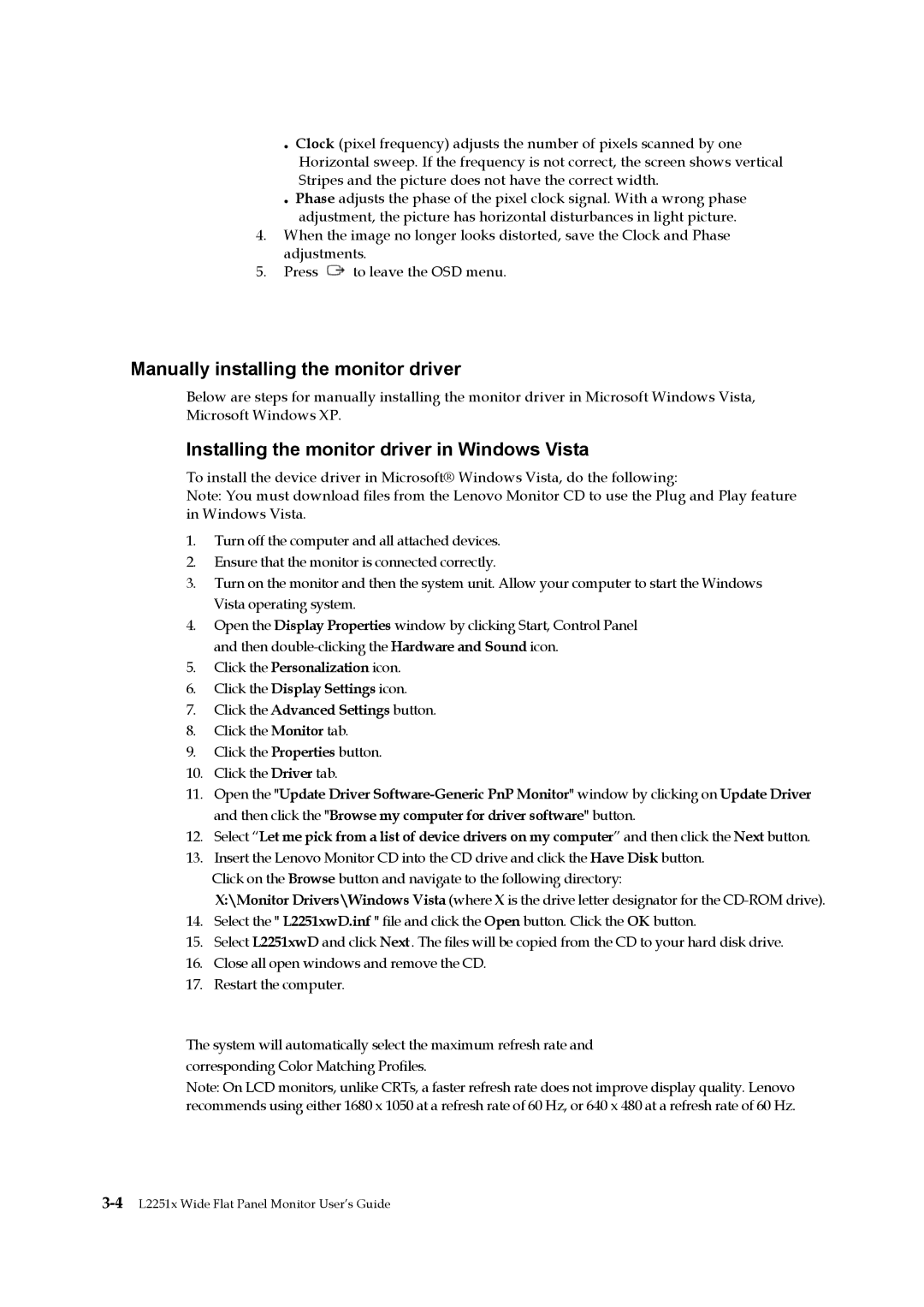 Lenovo 2578HB6 manual Manually installing the monitor driver, Installing the monitor driver in Windows Vista 