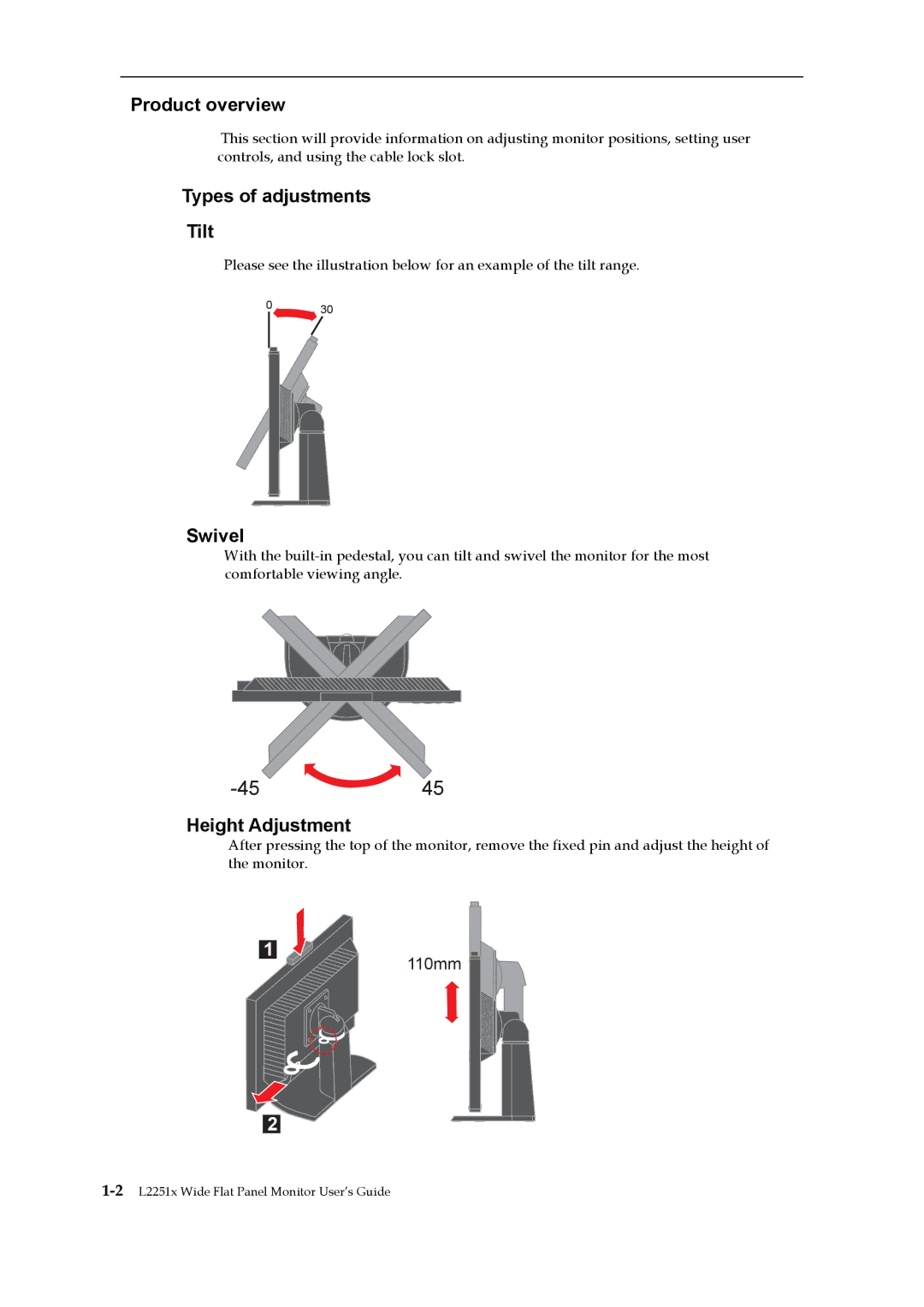 Lenovo 2578HB6 manual Product overview, Types of adjustments Tilt, Swivel, Height Adjustment 