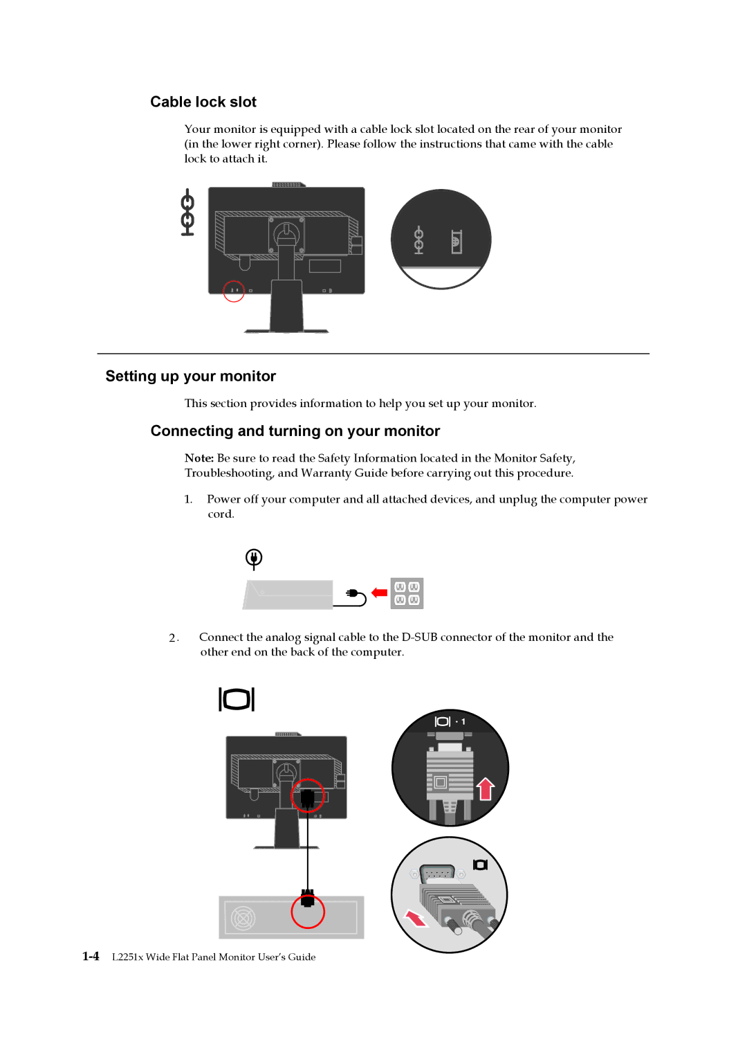 Lenovo 2578HB6 manual Cable lock slot, Setting up your monitor, Connecting and turning on your monitor 