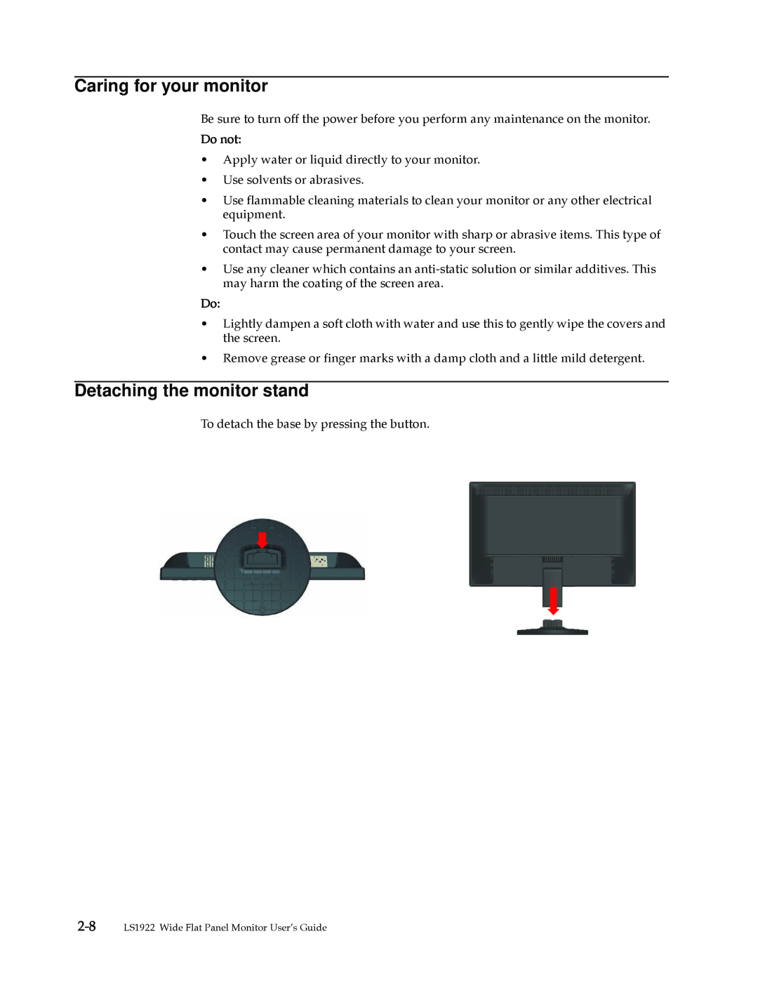 Lenovo 2580AF1 manual Caring for your monitor, Detaching the monitor stand, Do not 