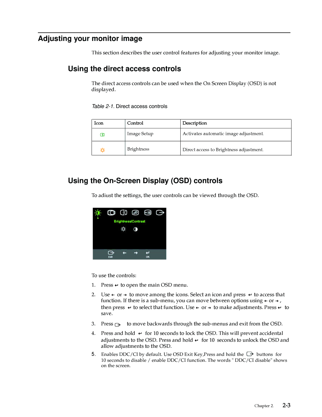 Lenovo 2580AF1 Adjusting your monitor image, Using the direct access controls, Using the On-Screen Display OSD controls 