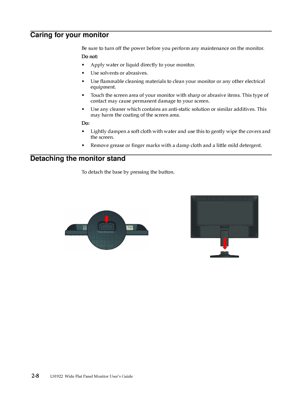 Lenovo 2580AF1 manual Caring for your monitor, Detaching the monitor stand 