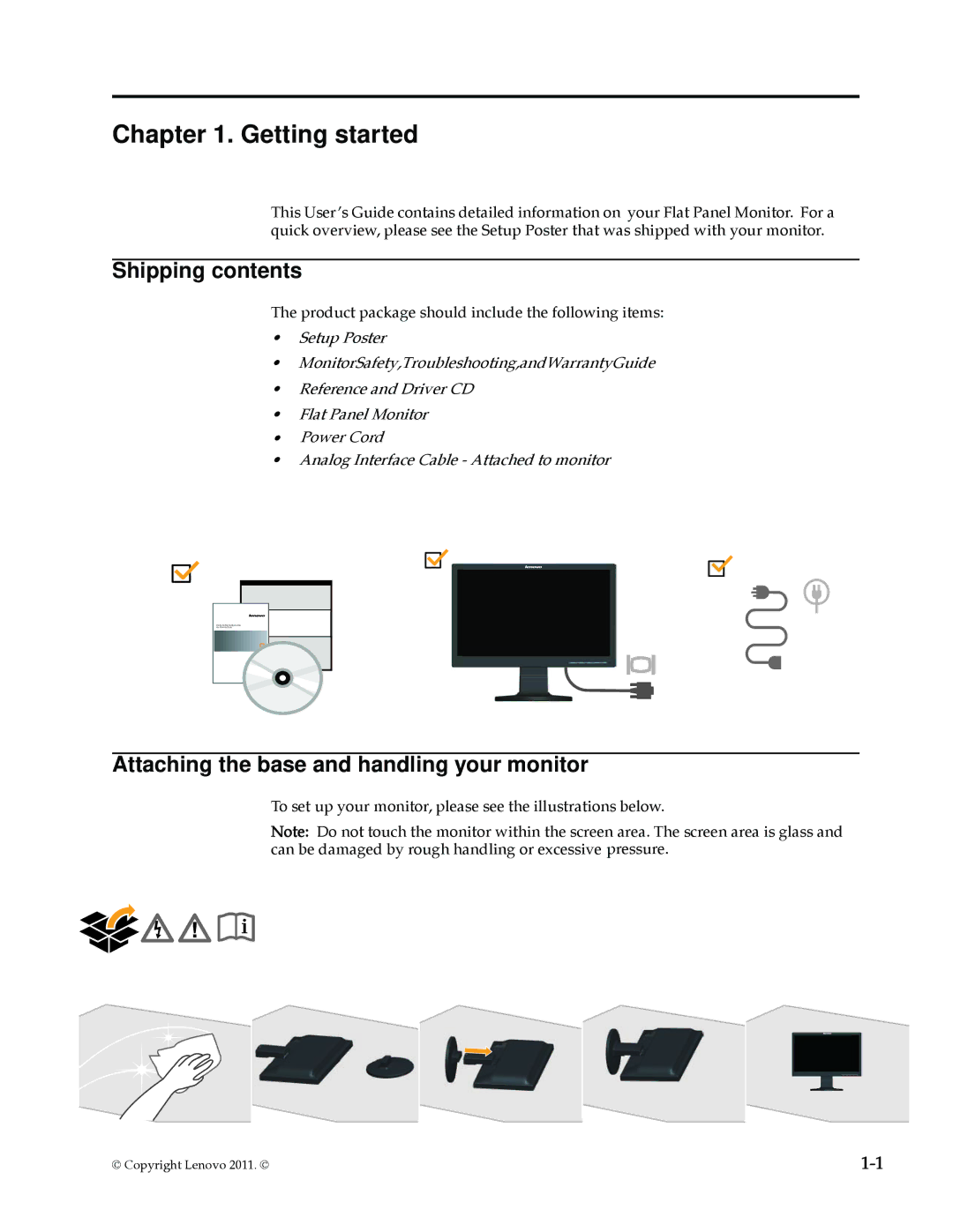 Lenovo 2580AF1 manual Shipping contents, Attaching the base and handling your monitor 