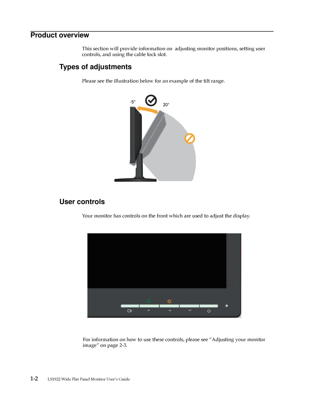 Lenovo 2580AF1 manual Product overview, Types of adjustments, User controls 