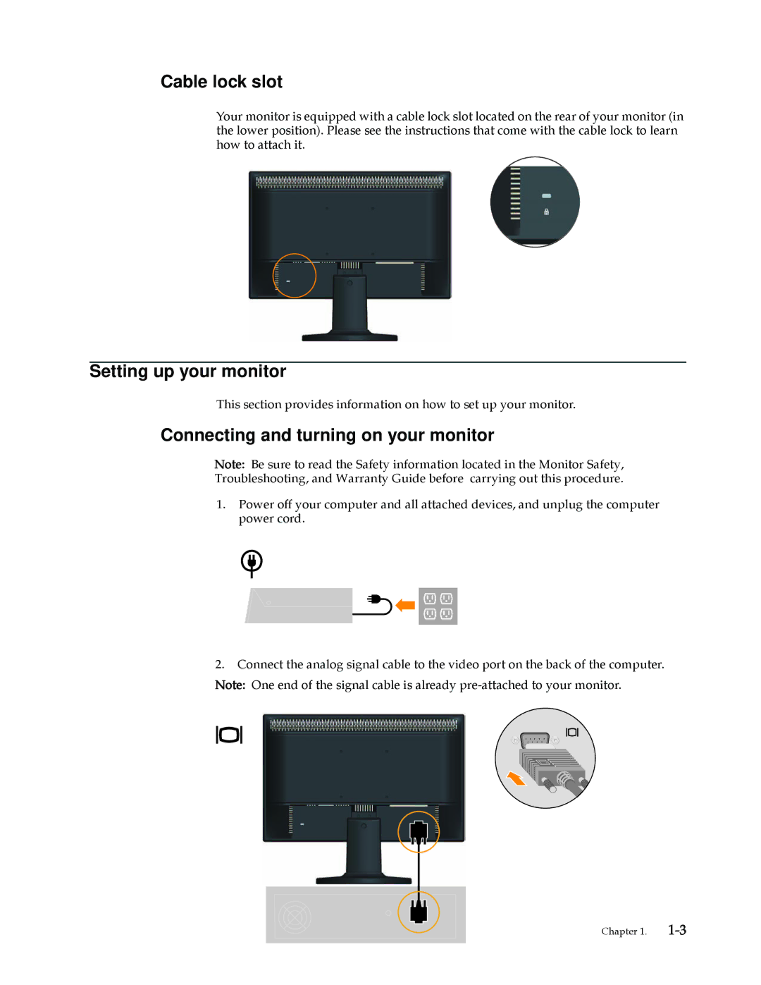 Lenovo 2580AF1 manual Cable lock slot, Setting up your monitor, Connecting and turning on your monitor 