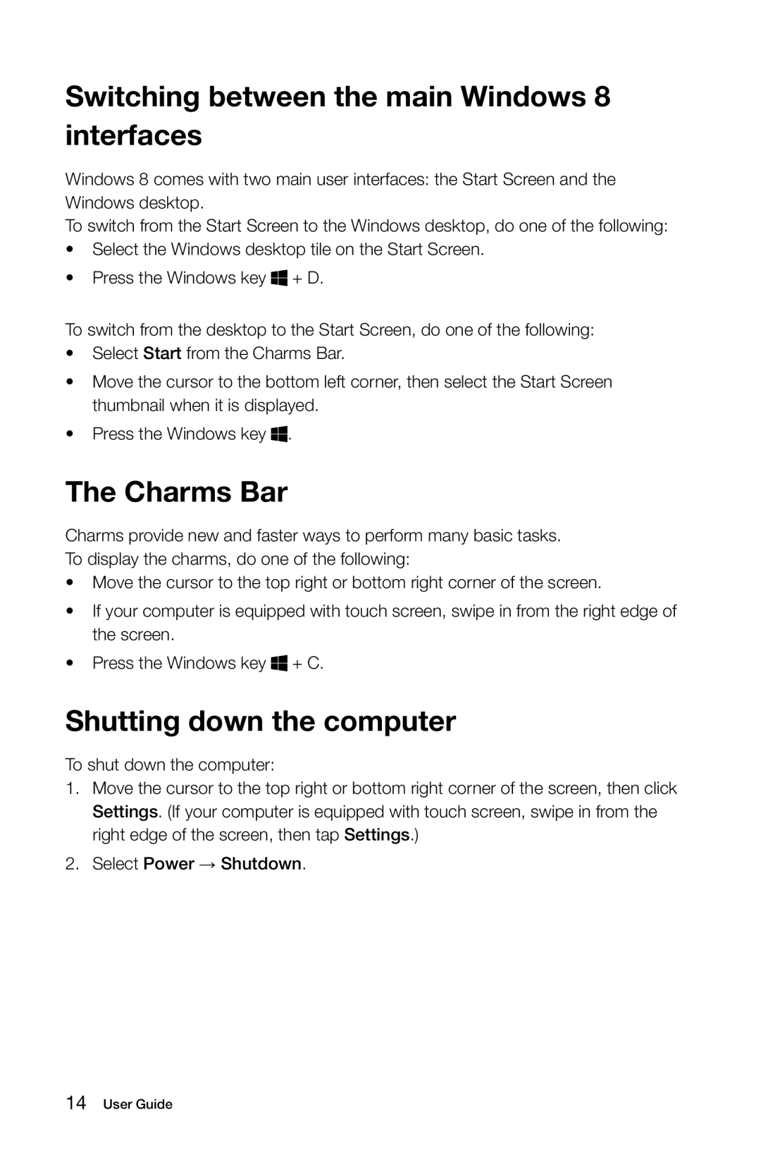 Lenovo 27 Series manual Switching between the main Windows 8 interfaces, Charms Bar, Shutting down the computer 