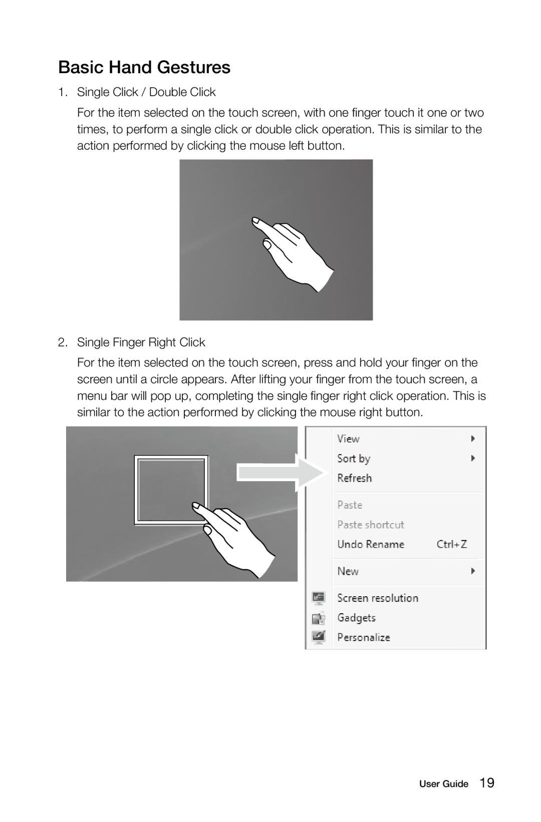 Lenovo 27 Series manual Basic Hand Gestures 