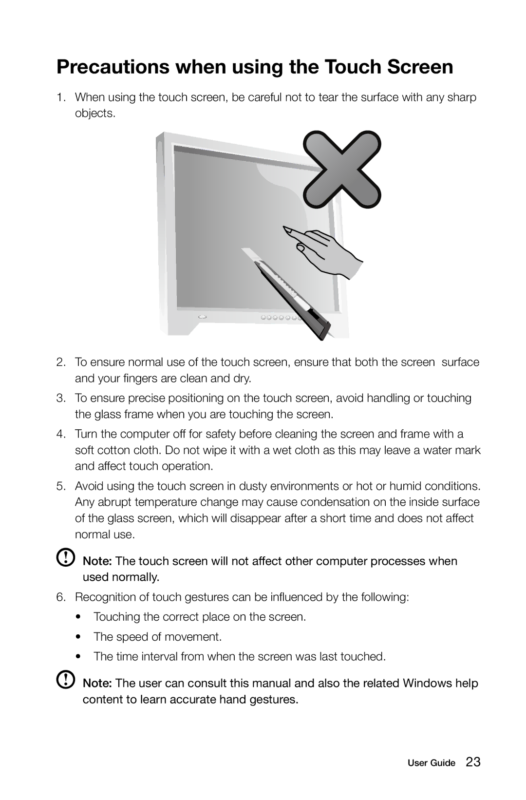 Lenovo 27 Series manual Precautions when using the Touch Screen 