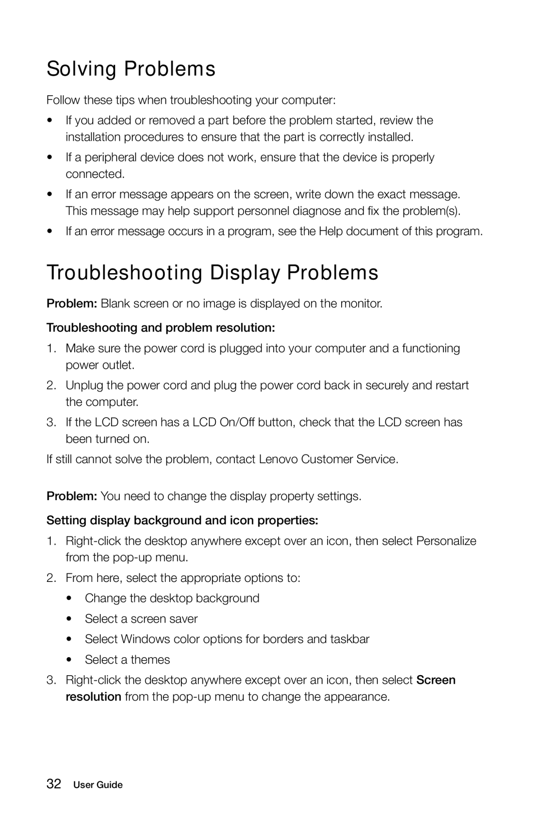 Lenovo 27 Series manual Solving Problems, Troubleshooting Display Problems 