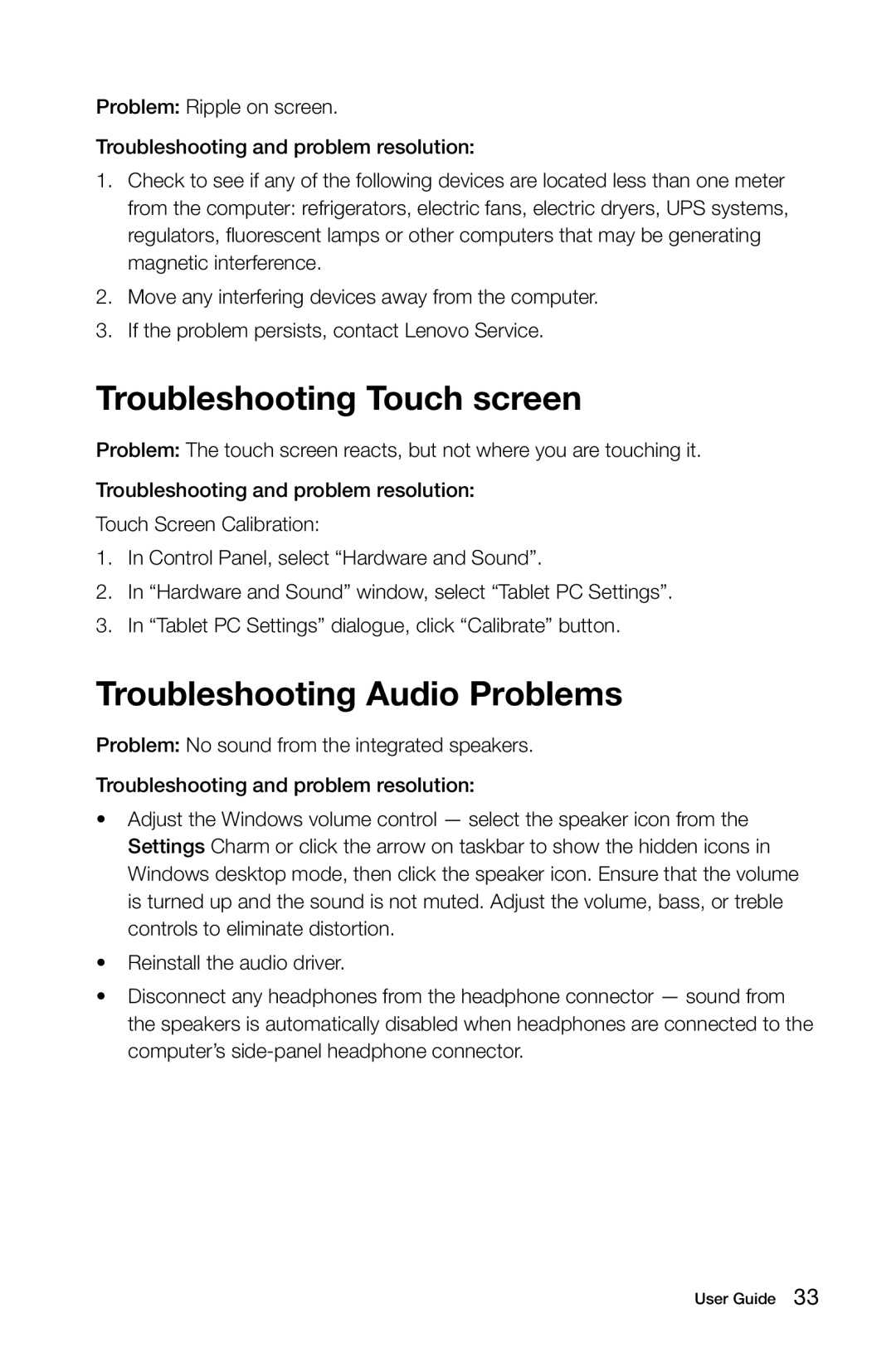 Lenovo 27 Series manual Troubleshooting Touch screen, Troubleshooting Audio Problems 