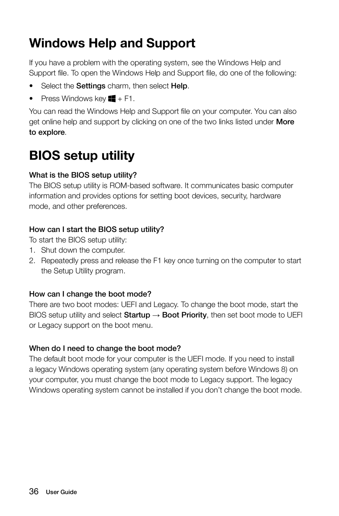 Lenovo 27 Series manual Windows Help and Support, Bios setup utility 