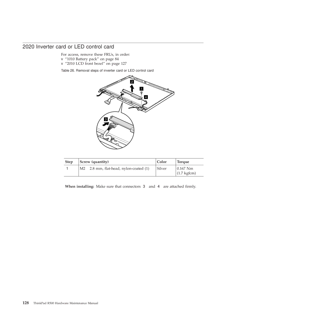 Lenovo 2717ASU manual Inverter card or LED control card, Step Screw quantity Color Torque 