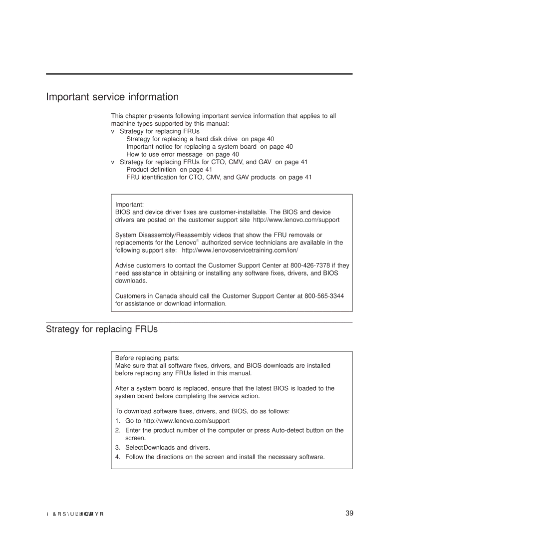 Lenovo 2717ASU manual Strategy for replacing FRUs, Before replacing parts, Select Downloads and drivers 