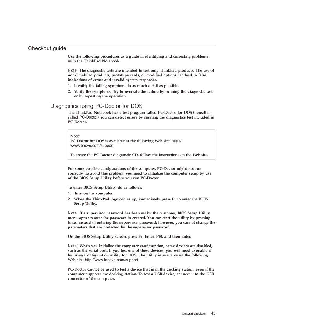 Lenovo 2717ASU manual Checkout guide, Diagnostics using PC-Doctor for DOS 