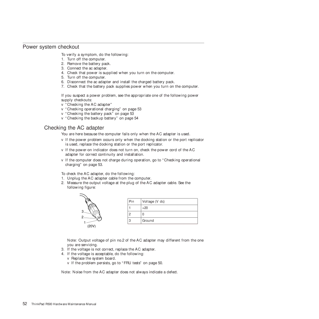 Lenovo 2717ASU manual Power system checkout, Checking the AC adapter, Pin Voltage V dc 