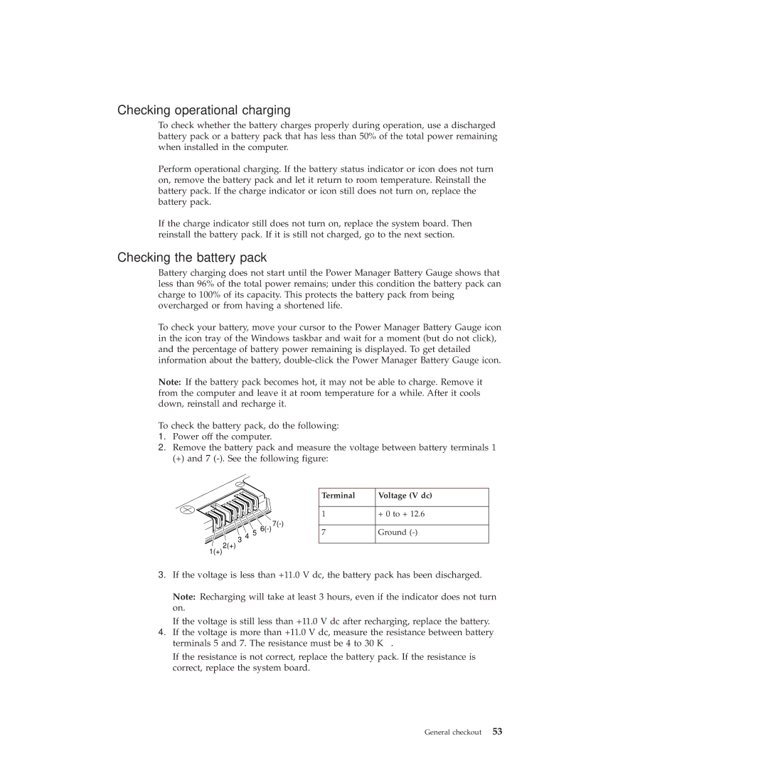 Lenovo 2717ASU manual Checking operational charging, Checking the battery pack, Terminal Voltage V dc 