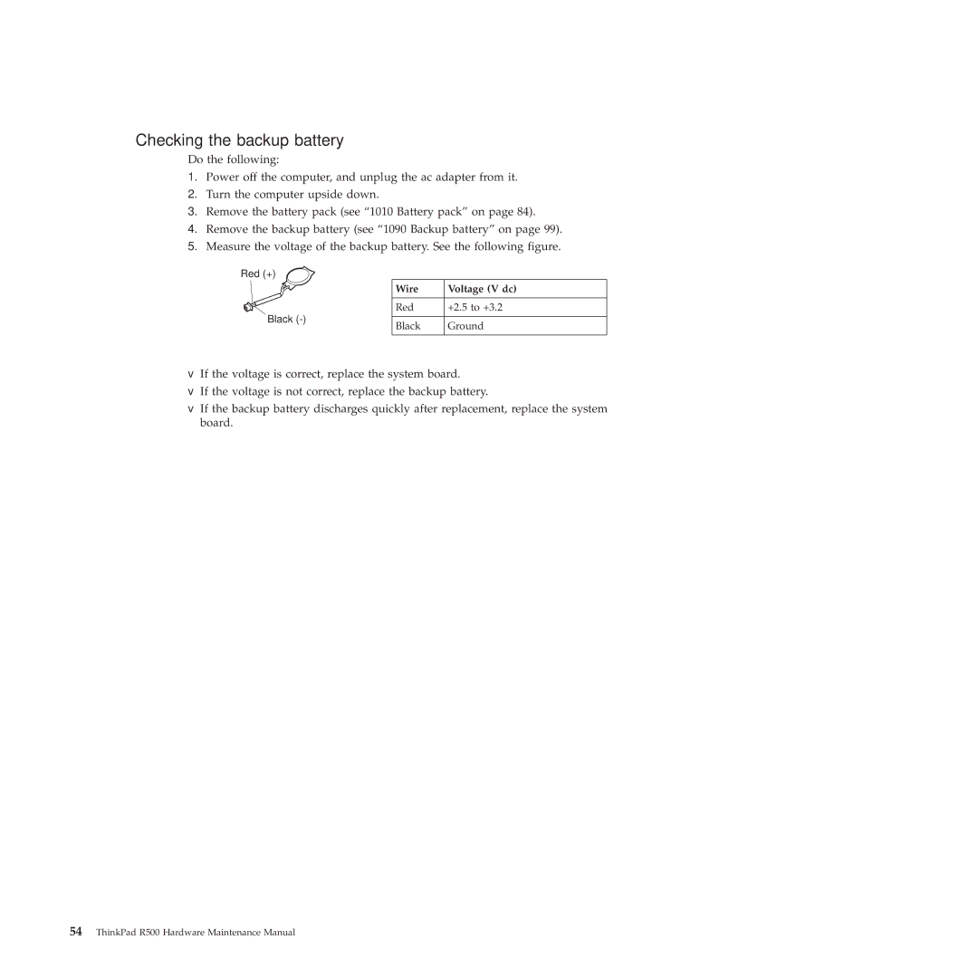 Lenovo 2717ASU manual Checking the backup battery, Wire Voltage V dc 