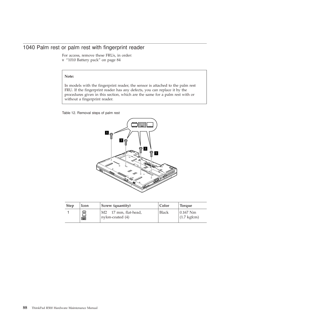 Lenovo 2717ASU manual Palm rest or palm rest with fingerprint reader, Step Icon Screw quantity Color Torque 