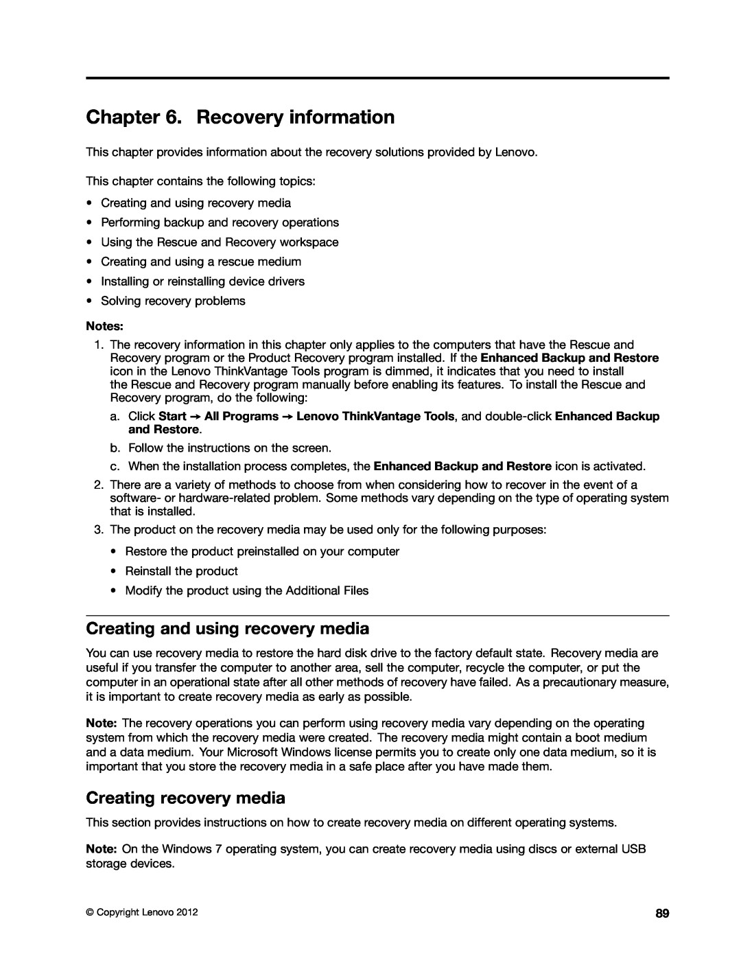 Lenovo 2697, 2756D7U manual Recovery information, Creating and using recovery media, Creating recovery media 