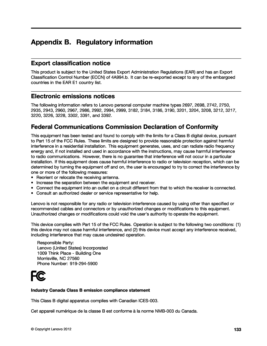 Lenovo 2697, 2756D7U manual Appendix B. Regulatory information, Export classification notice, Electronic emissions notices 