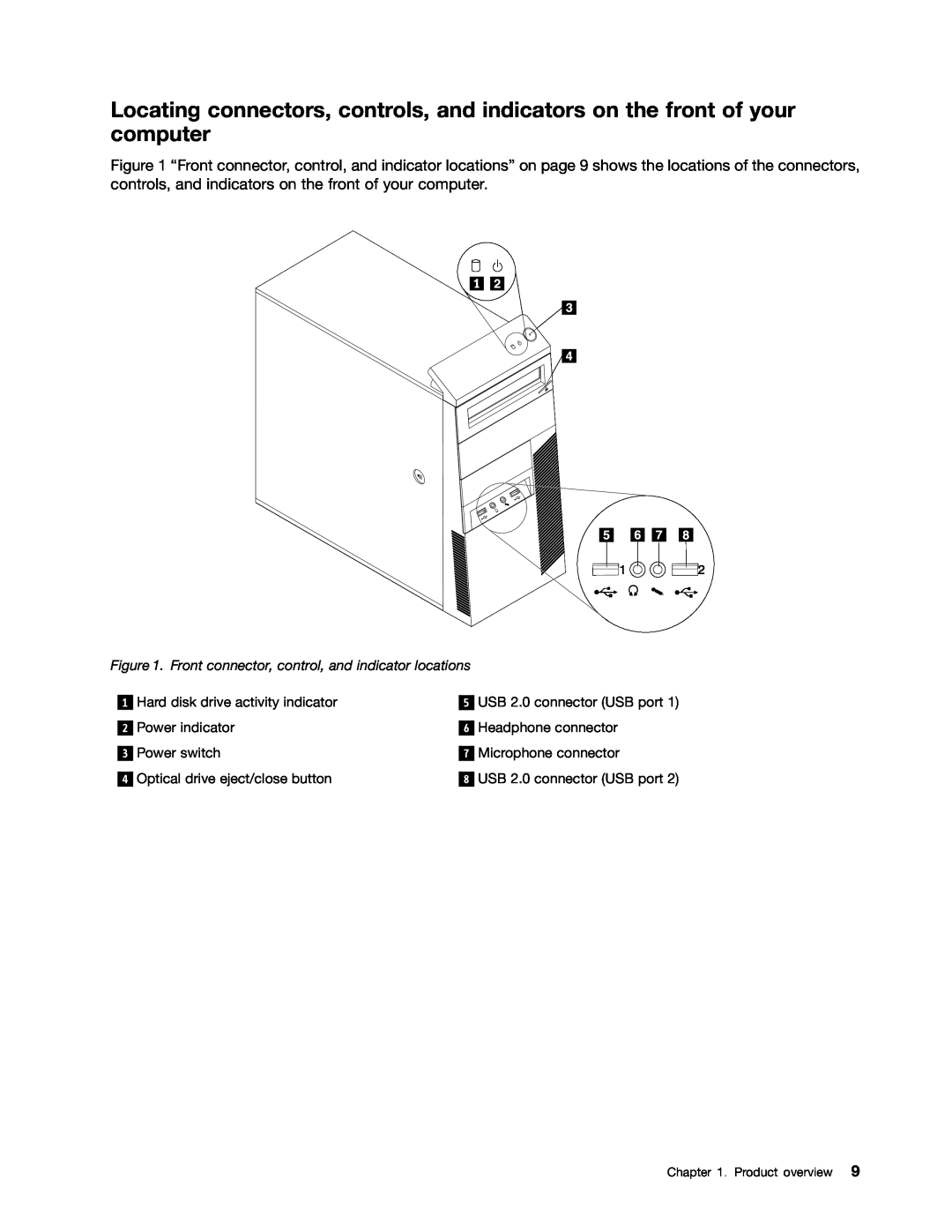 Lenovo 2697, 2756D7U manual Front connector, control, and indicator locations, Optical drive eject/close button 