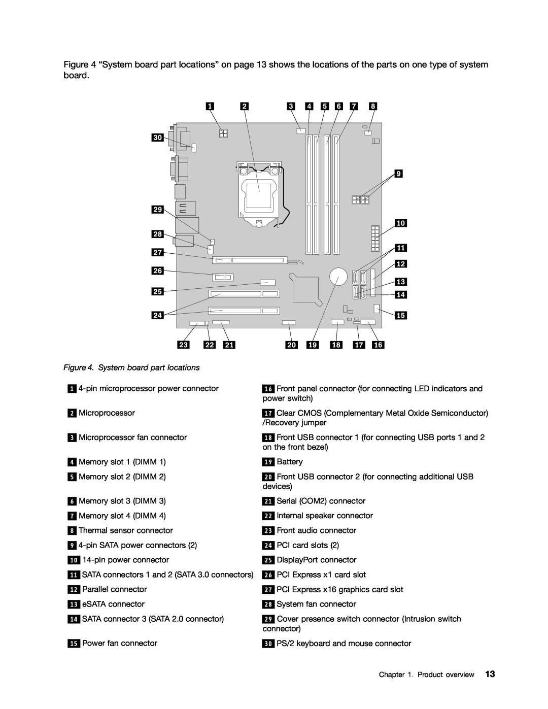 Lenovo 2697, 2756D7U manual System board part locations, 1 4-pin microprocessor power connector 2 Microprocessor 