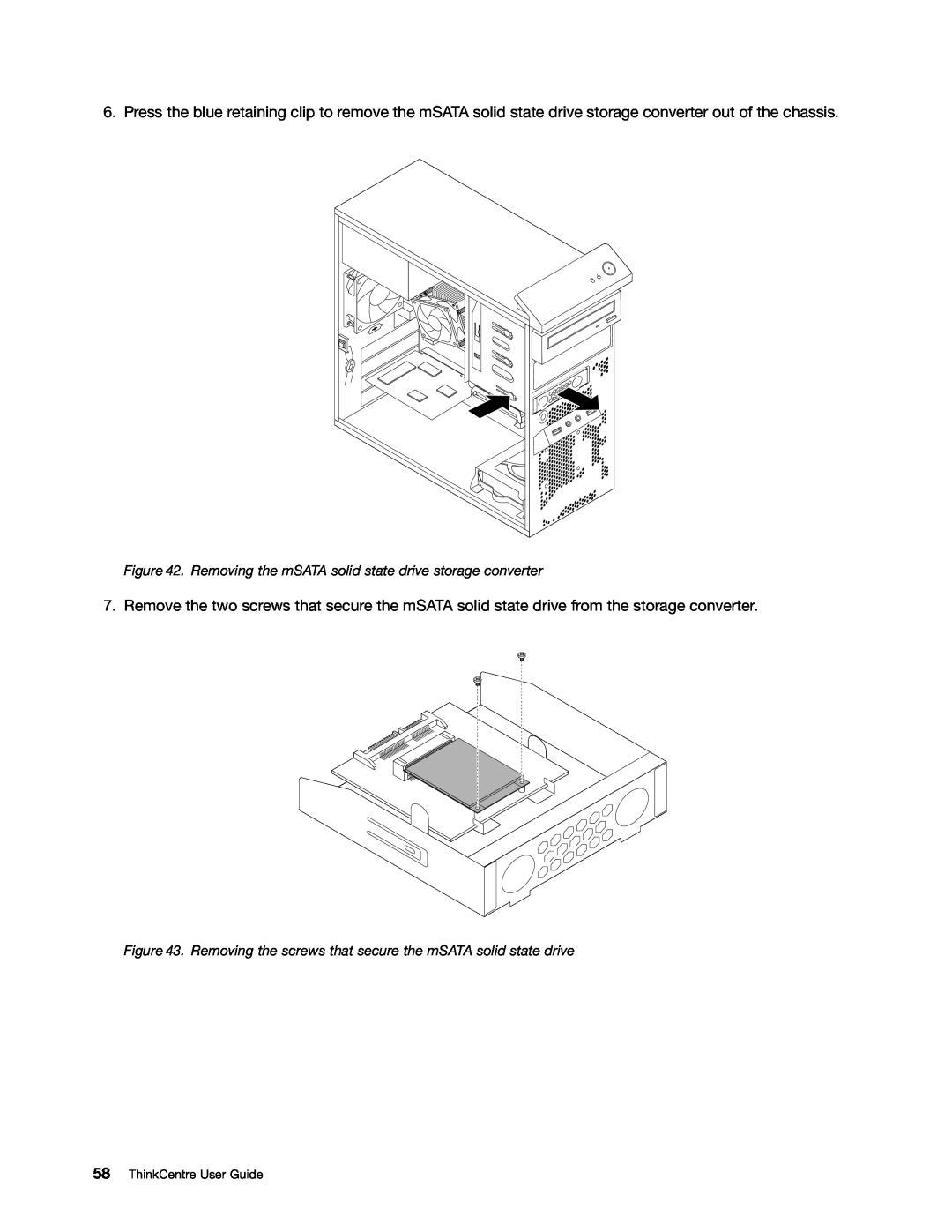 Lenovo 2756D7U, 2697 manual Removing the mSATA solid state drive storage converter, ThinkCentre User Guide 