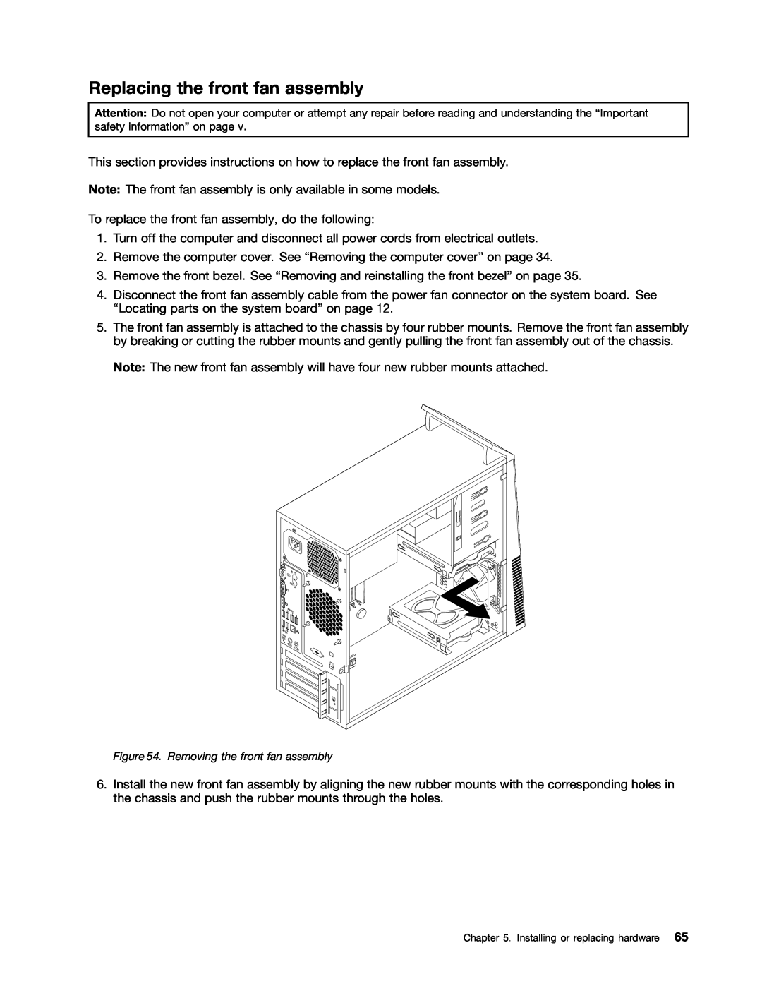 Lenovo 2697, 2756D7U manual Replacing the front fan assembly, Removing the front fan assembly 