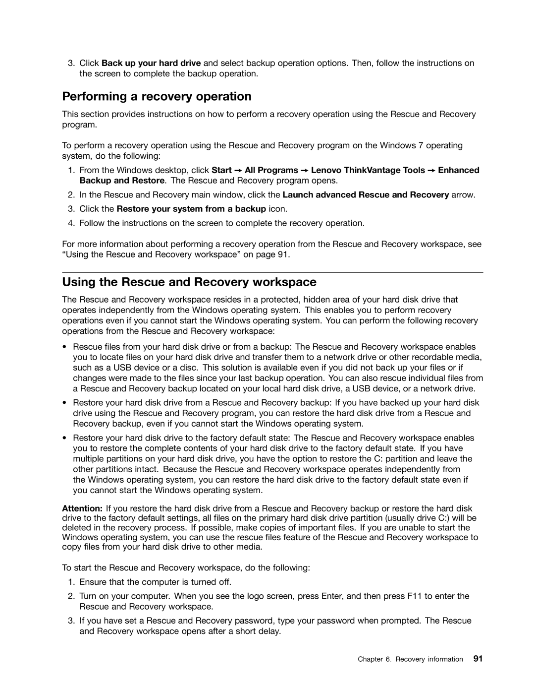 Lenovo 2697, 2756D7U manual Performing a recovery operation, Using the Rescue and Recovery workspace 