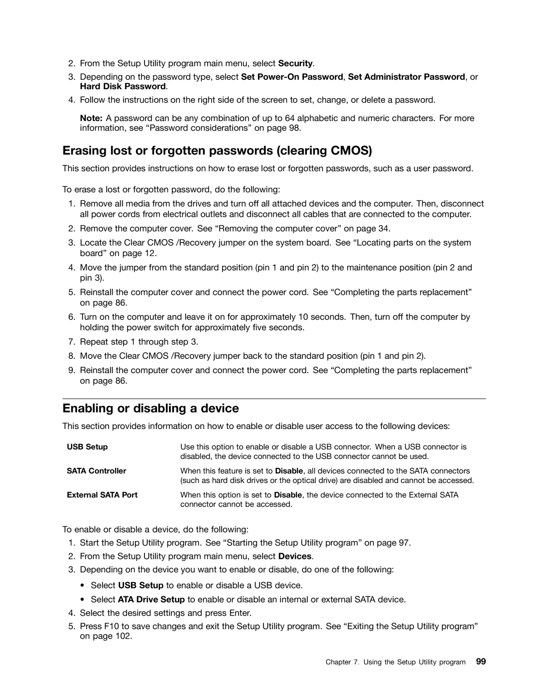 Lenovo 2697, 2756D7U manual Erasing lost or forgotten passwords clearing Cmos, Enabling or disabling a device 