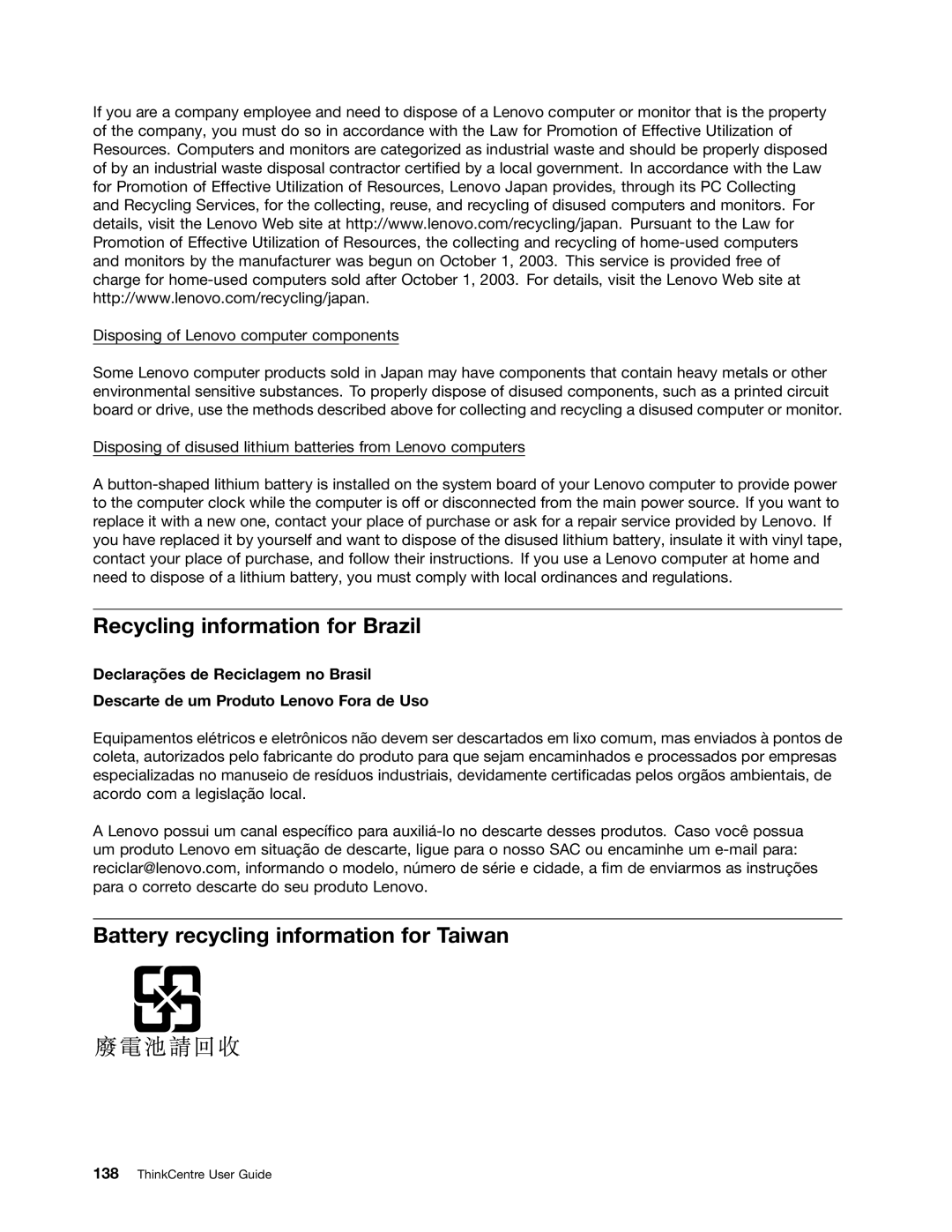 Lenovo 2756D7U, 2697 manual Recycling information for Brazil, Battery recycling information for Taiwan 