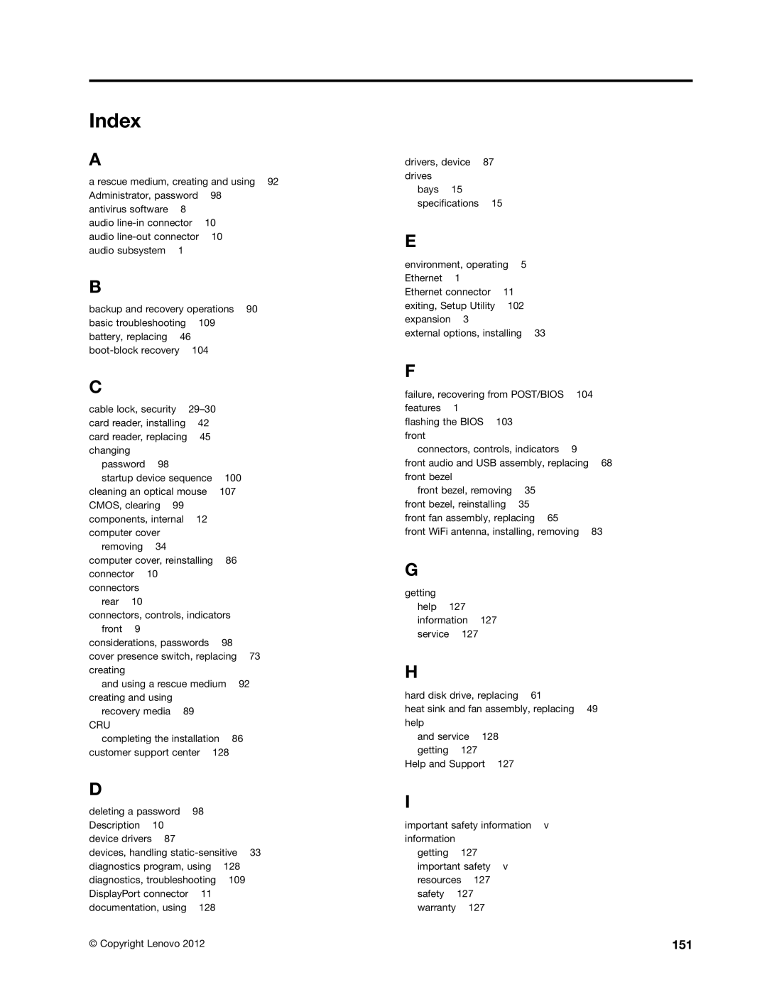 Lenovo 2697, 2756D7U manual Index, 151 