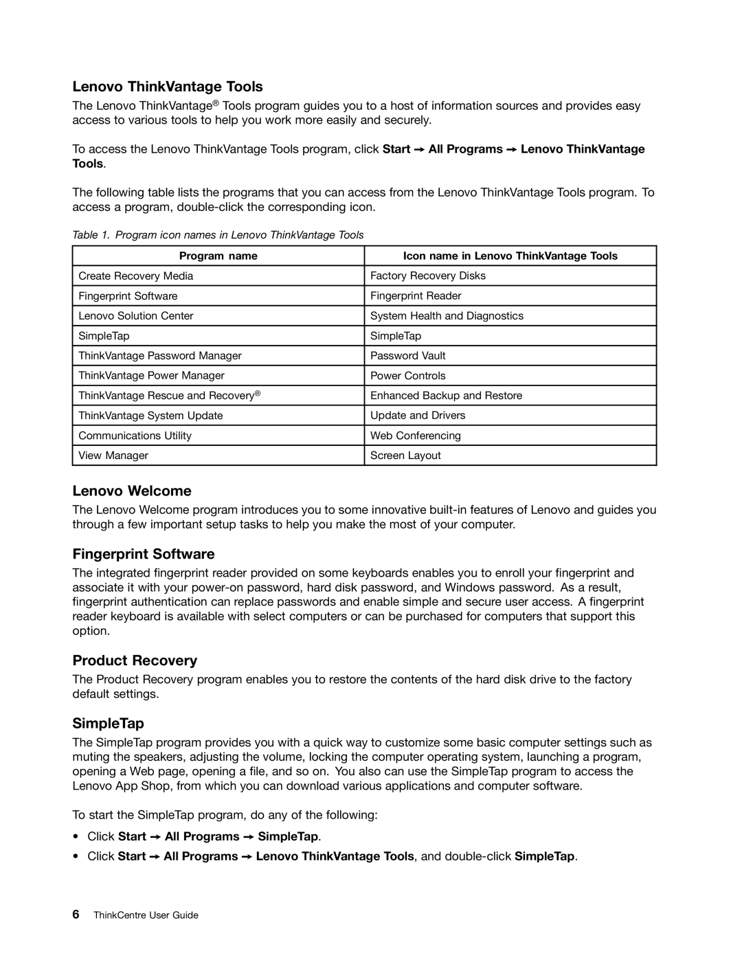 Lenovo 2756D7U, 2697 manual Lenovo ThinkVantage Tools, Lenovo Welcome, Fingerprint Software, Product Recovery, SimpleTap 