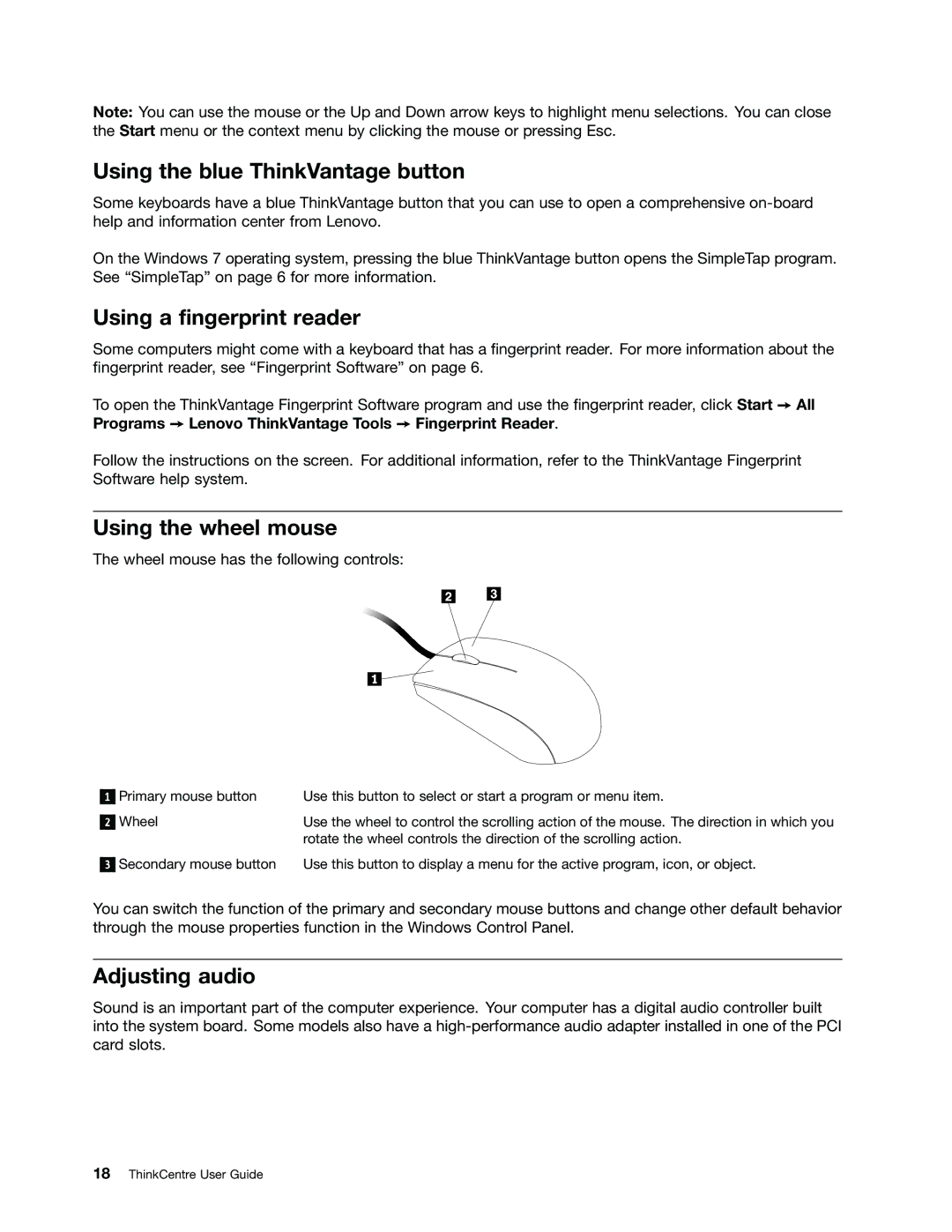 Lenovo 2756D7U Using the blue ThinkVantage button, Using a fingerprint reader, Using the wheel mouse, Adjusting audio 
