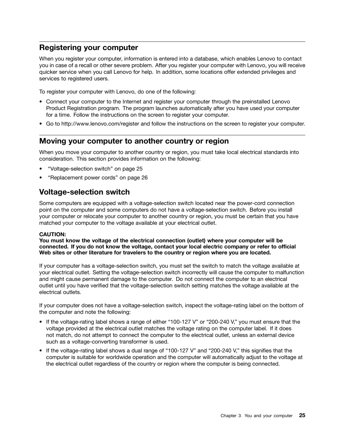 Lenovo 2697 manual Registering your computer, Moving your computer to another country or region, Voltage-selection switch 