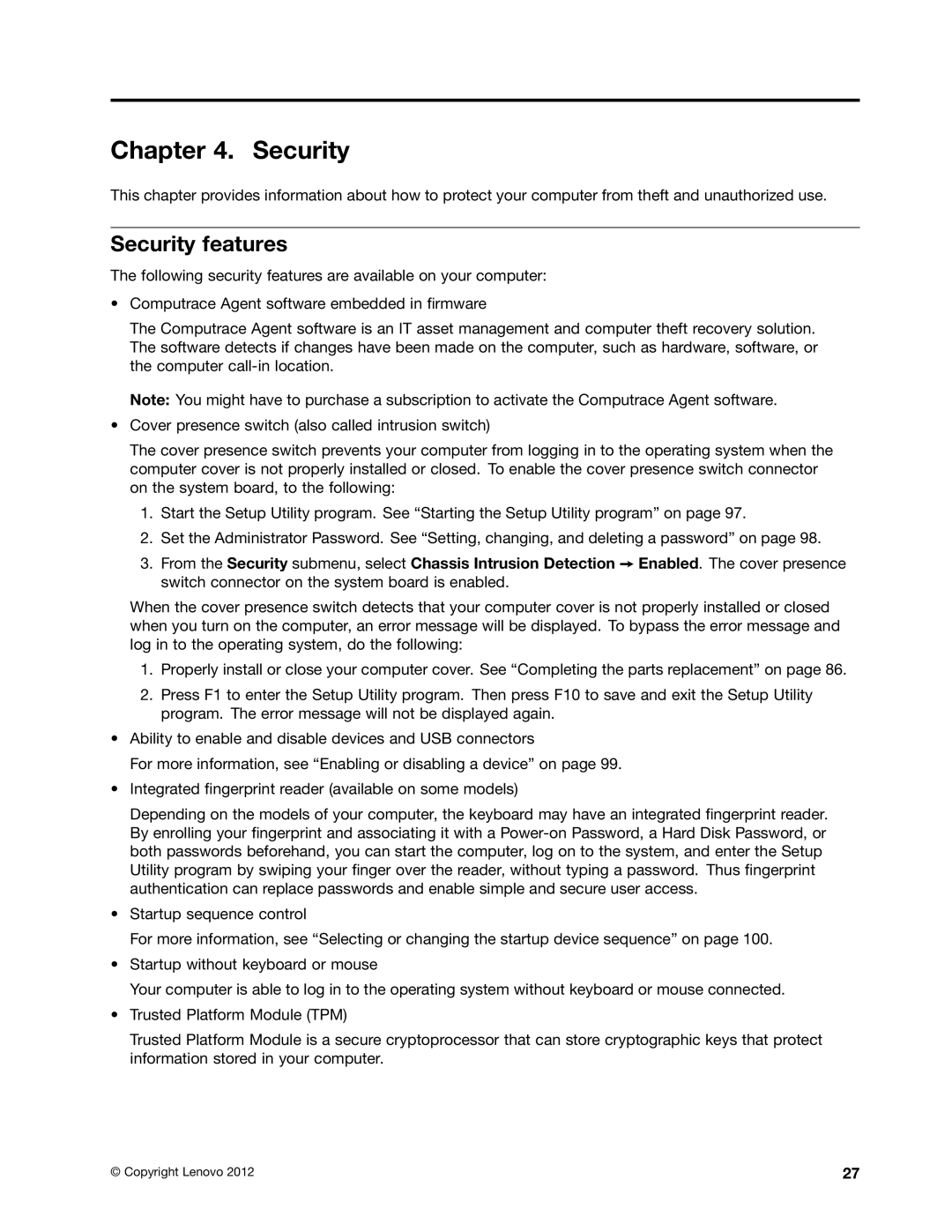 Lenovo 2697, 2756D7U manual Security features 