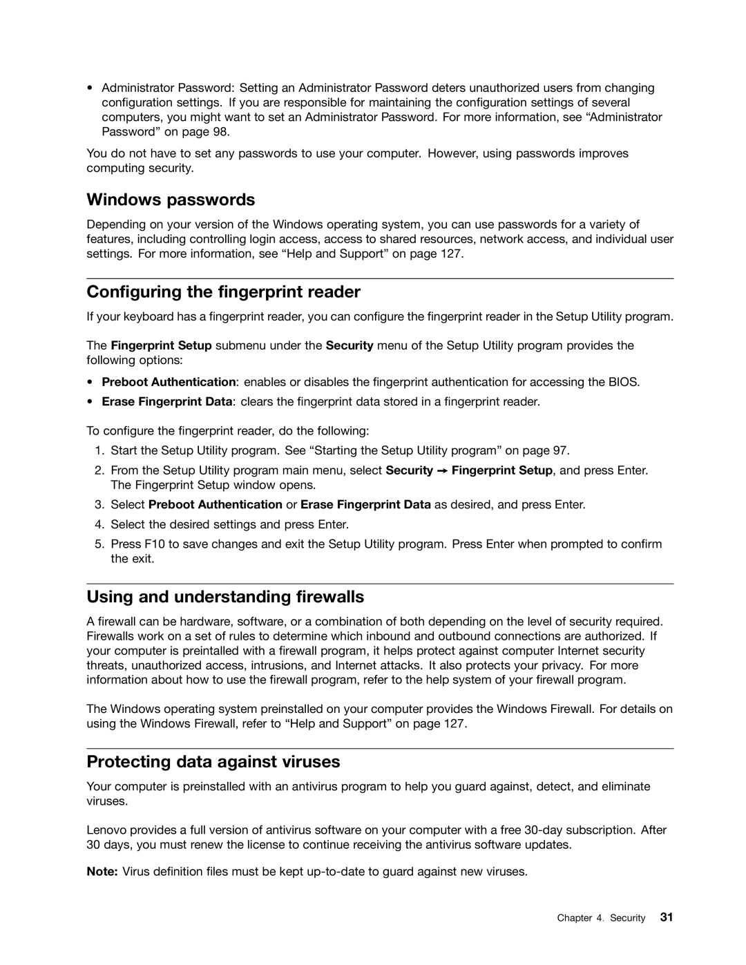 Lenovo 2697, 2756D7U manual Windows passwords, Configuring the fingerprint reader, Using and understanding firewalls 