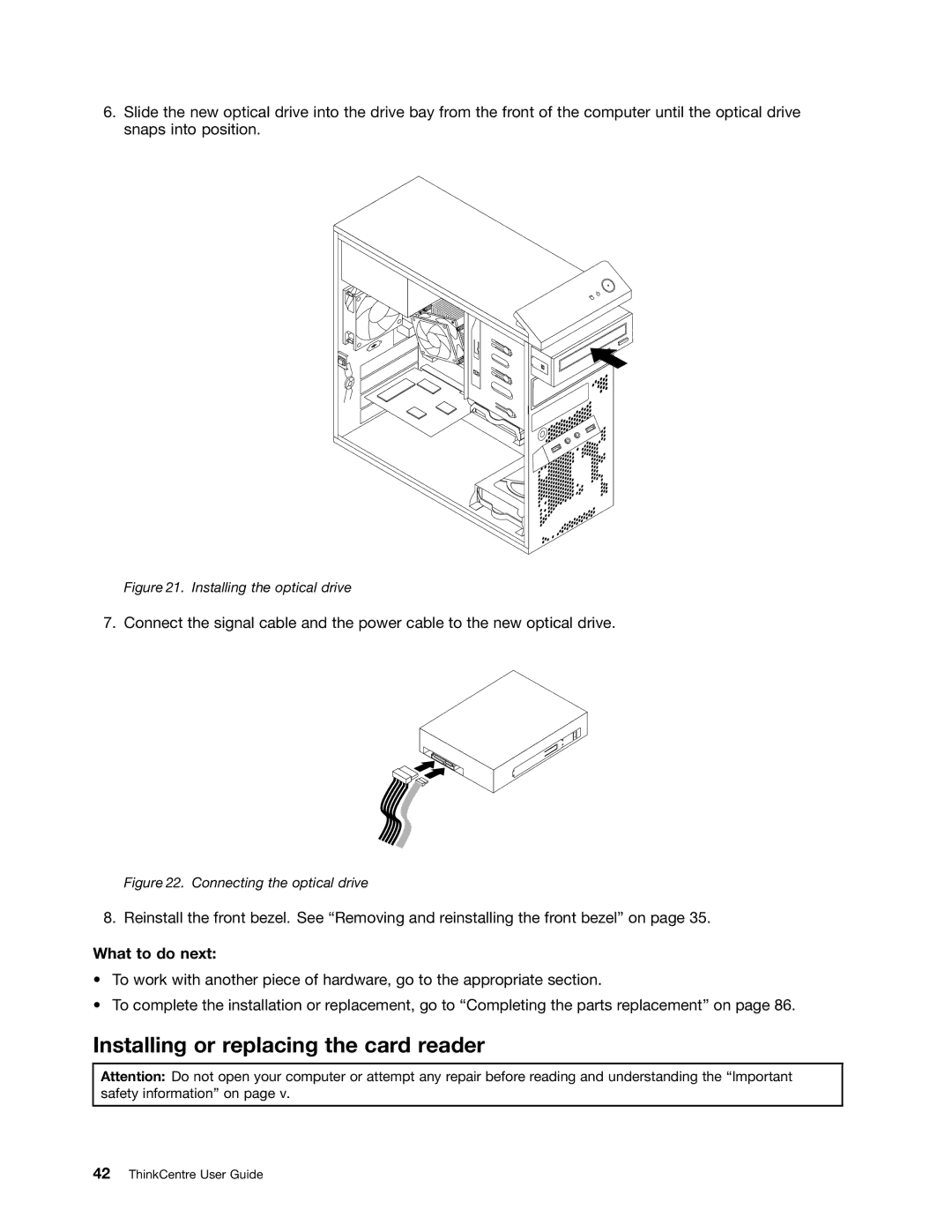 Lenovo 2756D7U, 2697 manual Installing or replacing the card reader, Installing the optical drive 