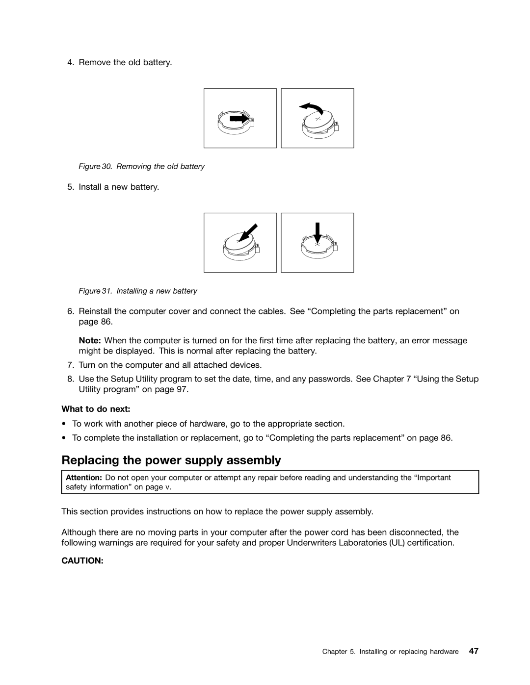 Lenovo 2697, 2756D7U manual Replacing the power supply assembly, Removing the old battery 