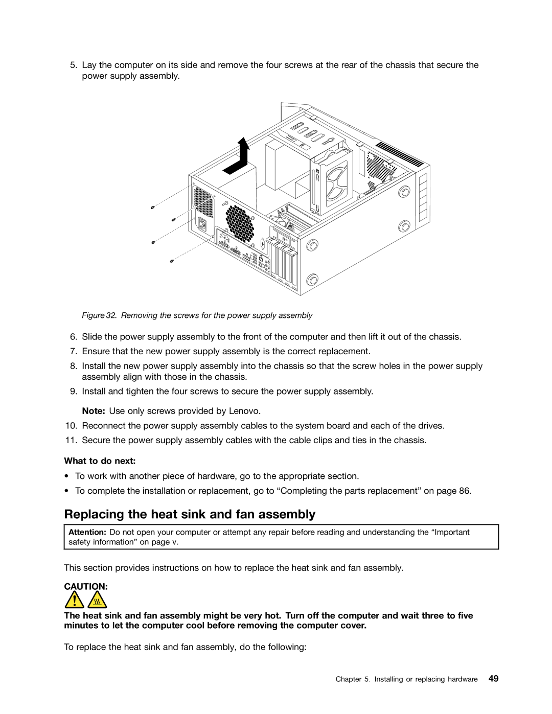 Lenovo 2697, 2756D7U manual Replacing the heat sink and fan assembly, Removing the screws for the power supply assembly 