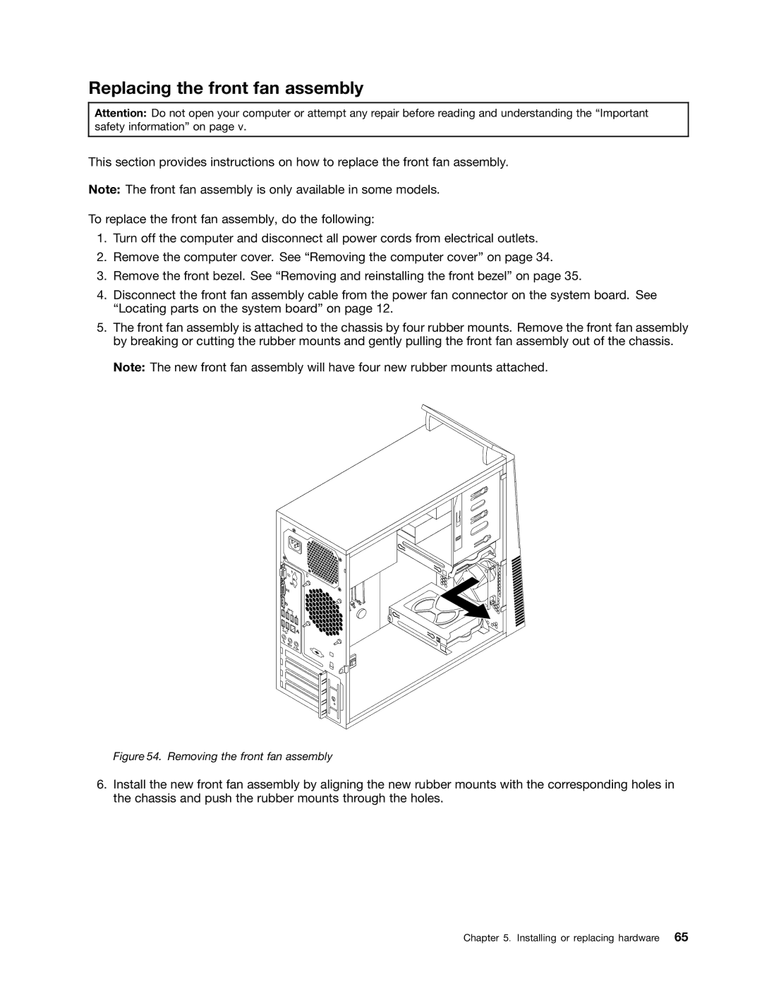 Lenovo 2697, 2756D7U manual Replacing the front fan assembly, Removing the front fan assembly 