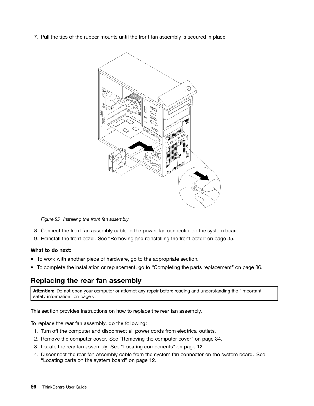 Lenovo 2756D7U, 2697 manual Replacing the rear fan assembly, Installing the front fan assembly 