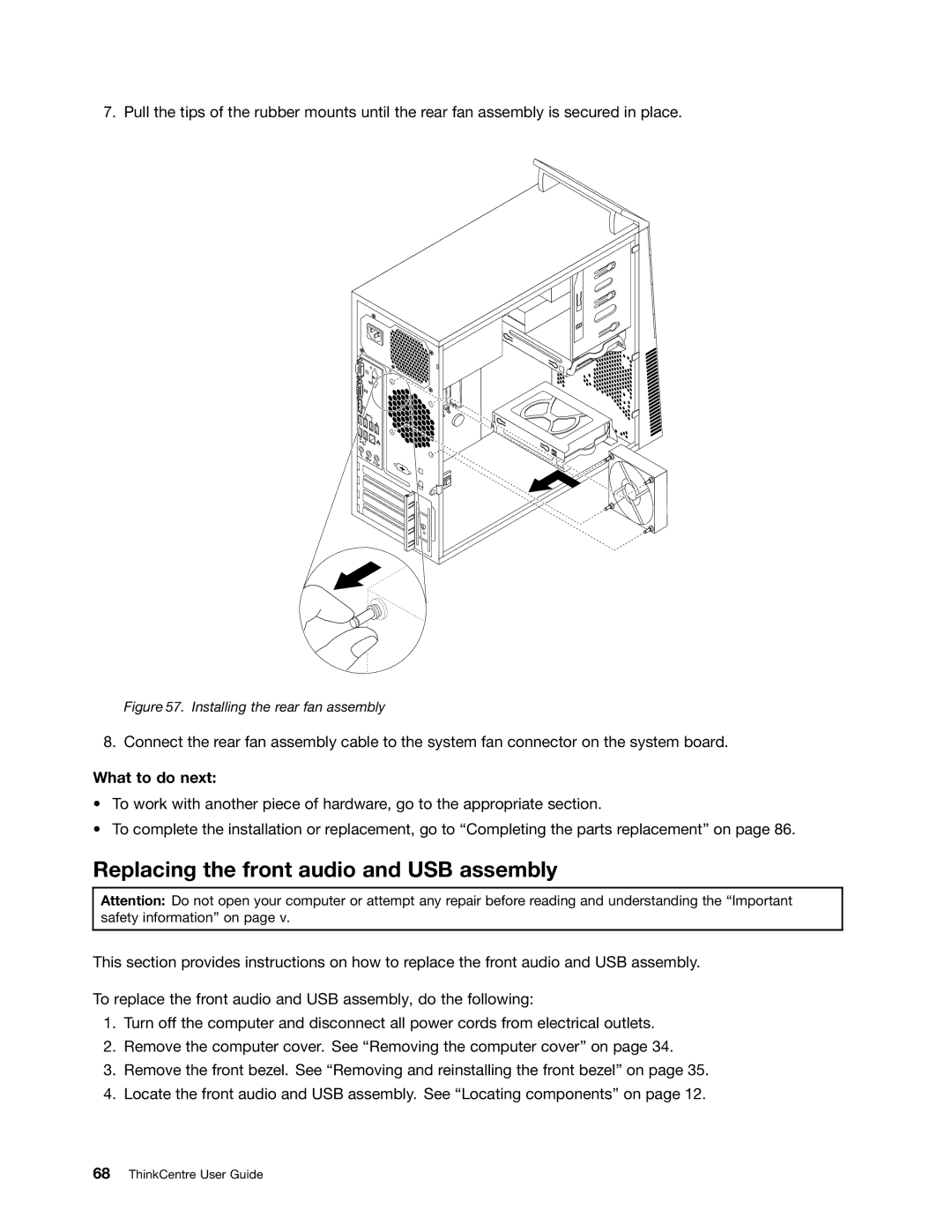 Lenovo 2756D7U, 2697 manual Replacing the front audio and USB assembly, Installing the rear fan assembly 