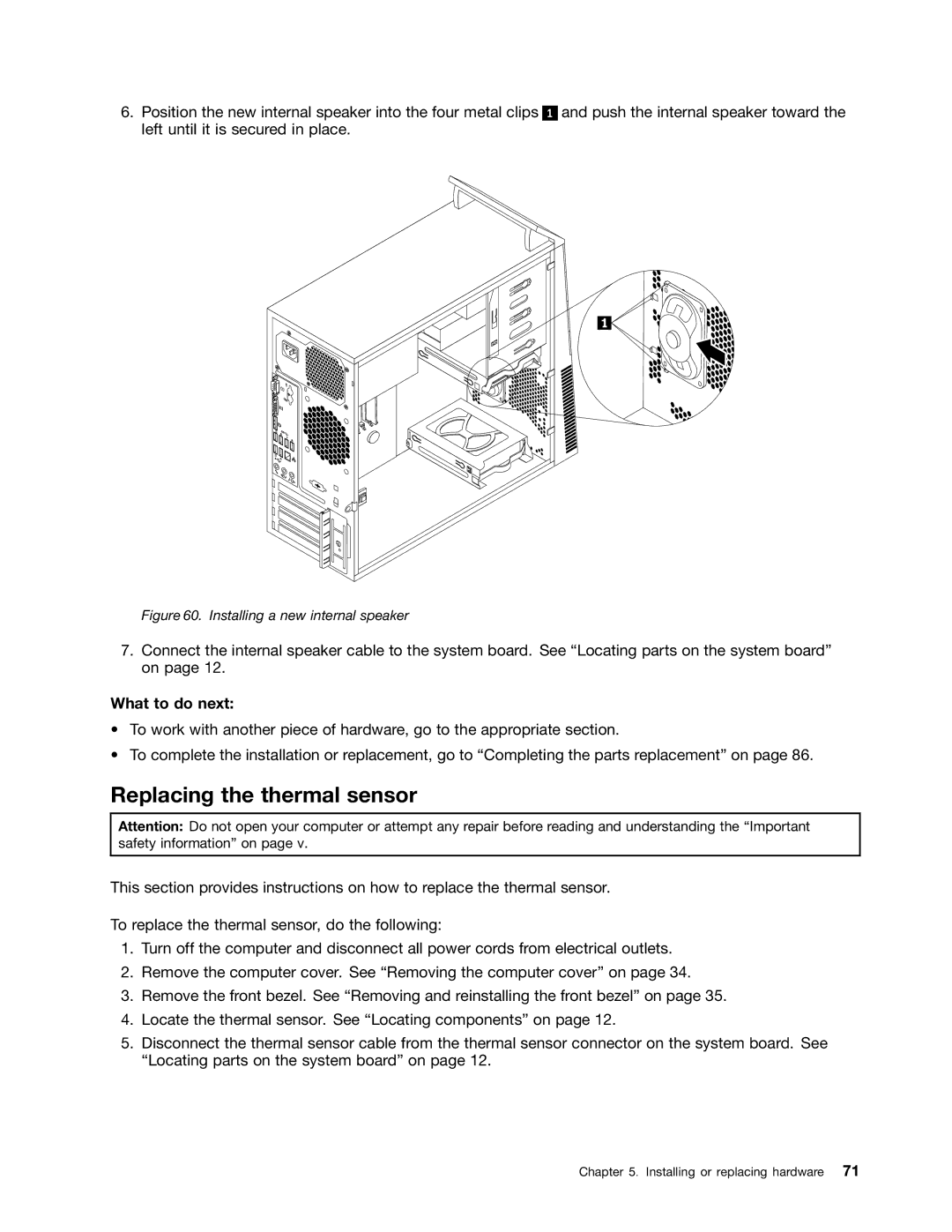 Lenovo 2697, 2756D7U manual Replacing the thermal sensor, Installing a new internal speaker 