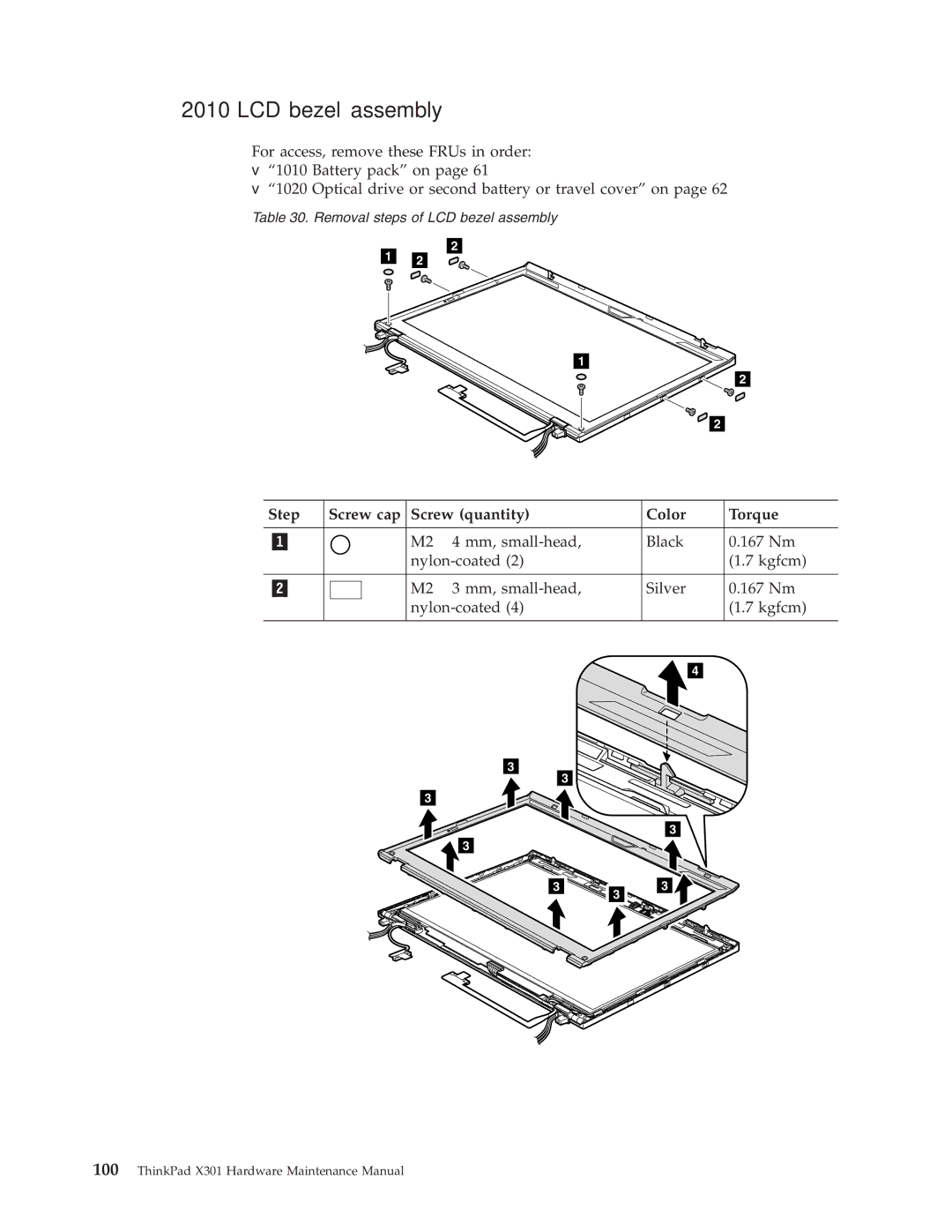 Lenovo 27763PU, 27763DU, 27763CU manual LCD bezel assembly, Step Screw cap Screw quantity Color Torque 