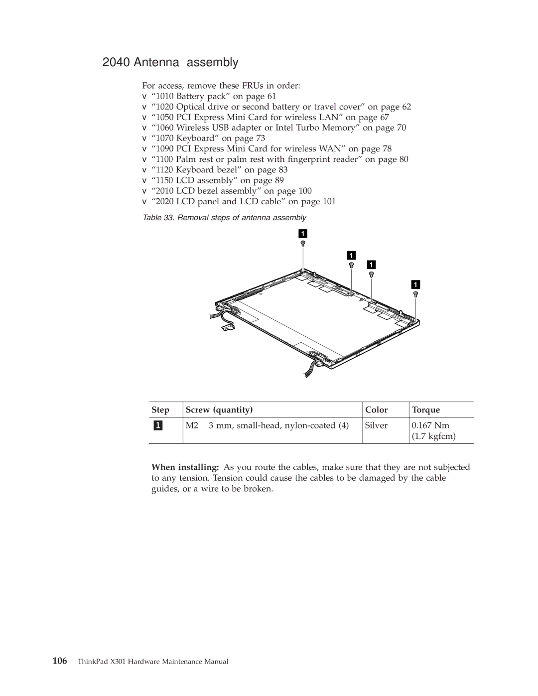 Lenovo 27763PU, 27763DU, 27763CU manual Antenna assembly, Step Screw quantity Color Torque 