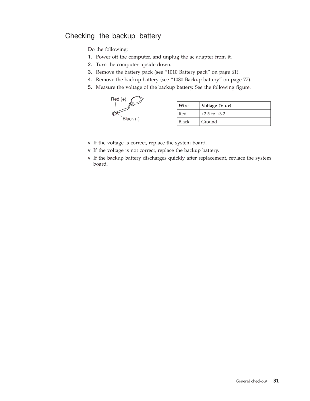 Lenovo 27763PU, 27763DU, 27763CU manual Checking the backup battery, Wire Voltage V dc 