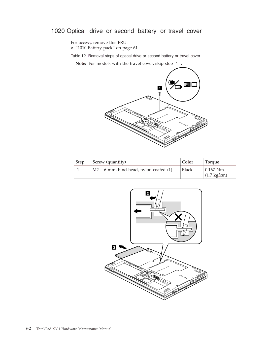 Lenovo 27763DU, 27763PU, 27763CU manual Optical drive or second battery or travel cover, Step Screw quantity Color Torque 